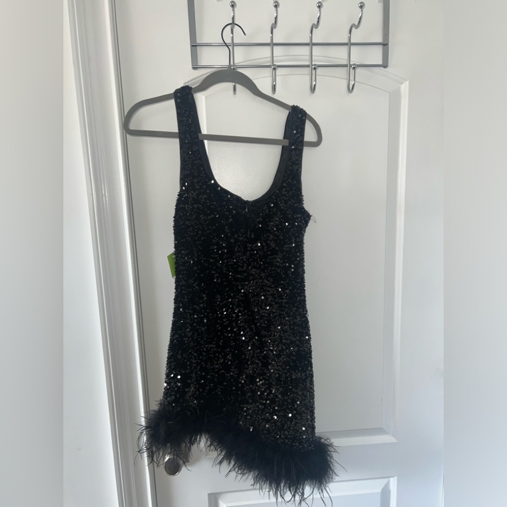 Better Be Blacl Sequined Dress with black fur trim